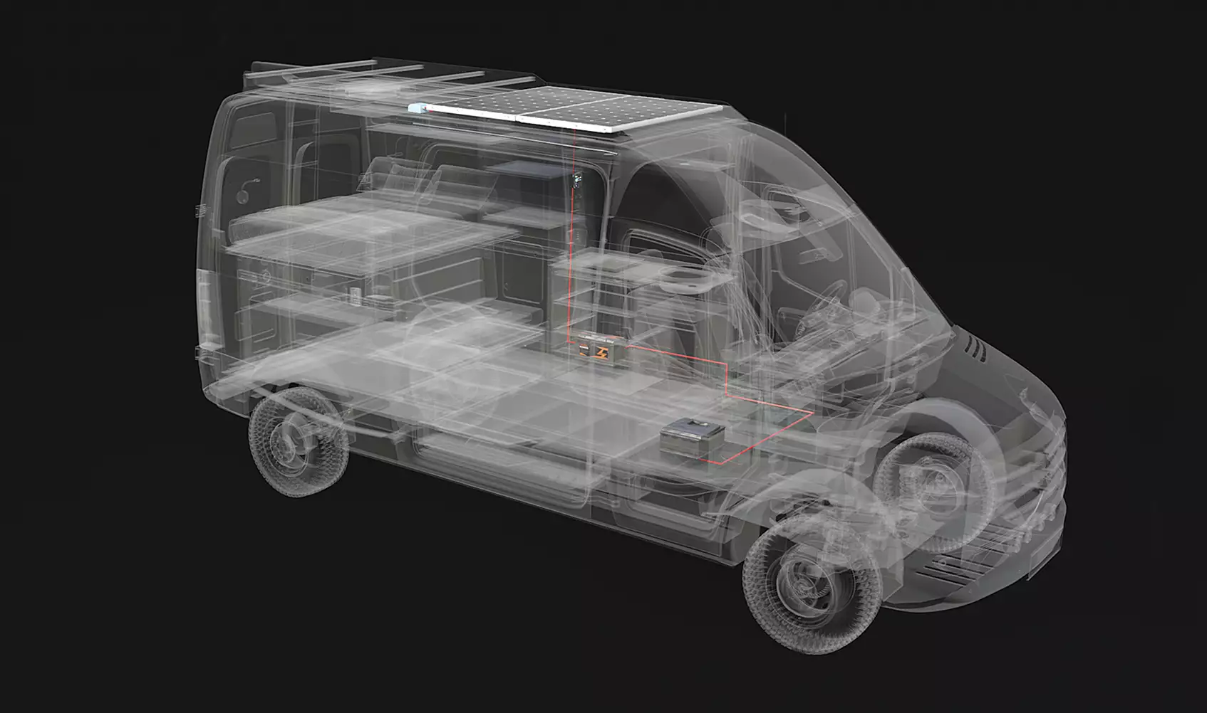 campervan exterior transparent view showing interior layout, solar panel and electrical system components