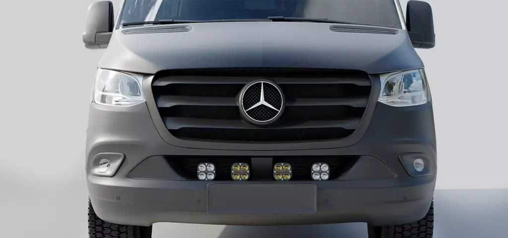 campervan interior design van front with grille, headlights and auxiliary lights on bumper