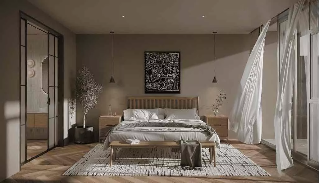 Cgi hotel bedroom with a wood bed, pendant lights, flowing curtains, bench, and framed wall art