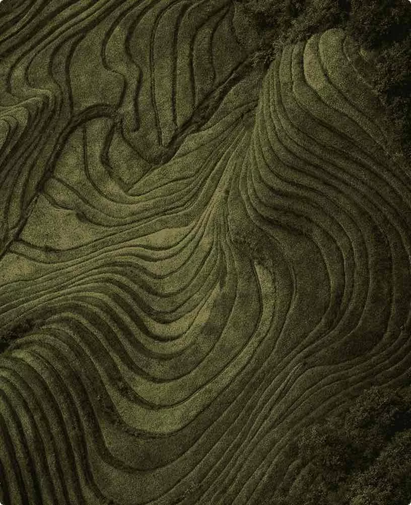 Cgi hotel with layered green terraces forming an abstract aerial landscape pattern