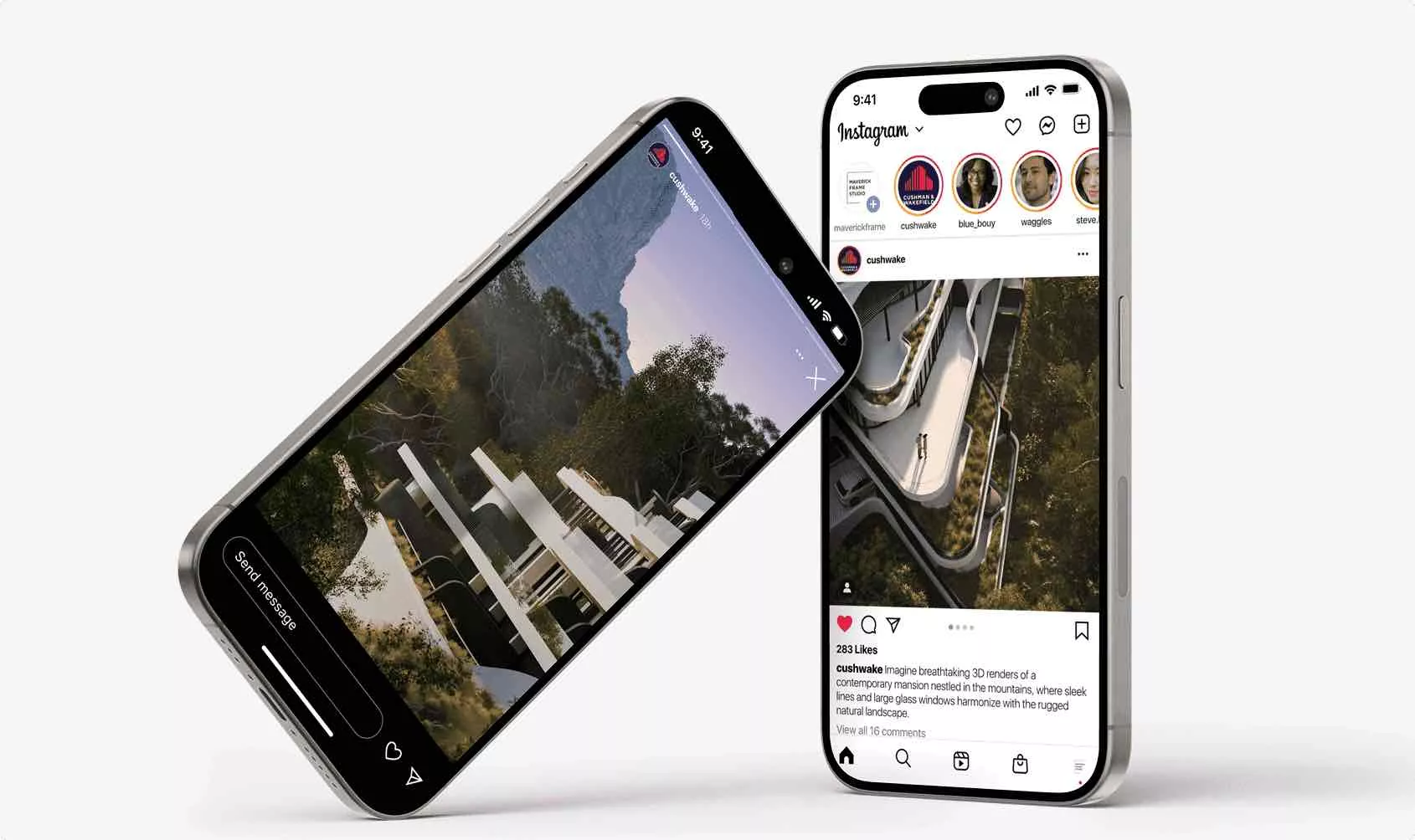 Cgi hotel shown on two smartphones displaying social media posts on a white background