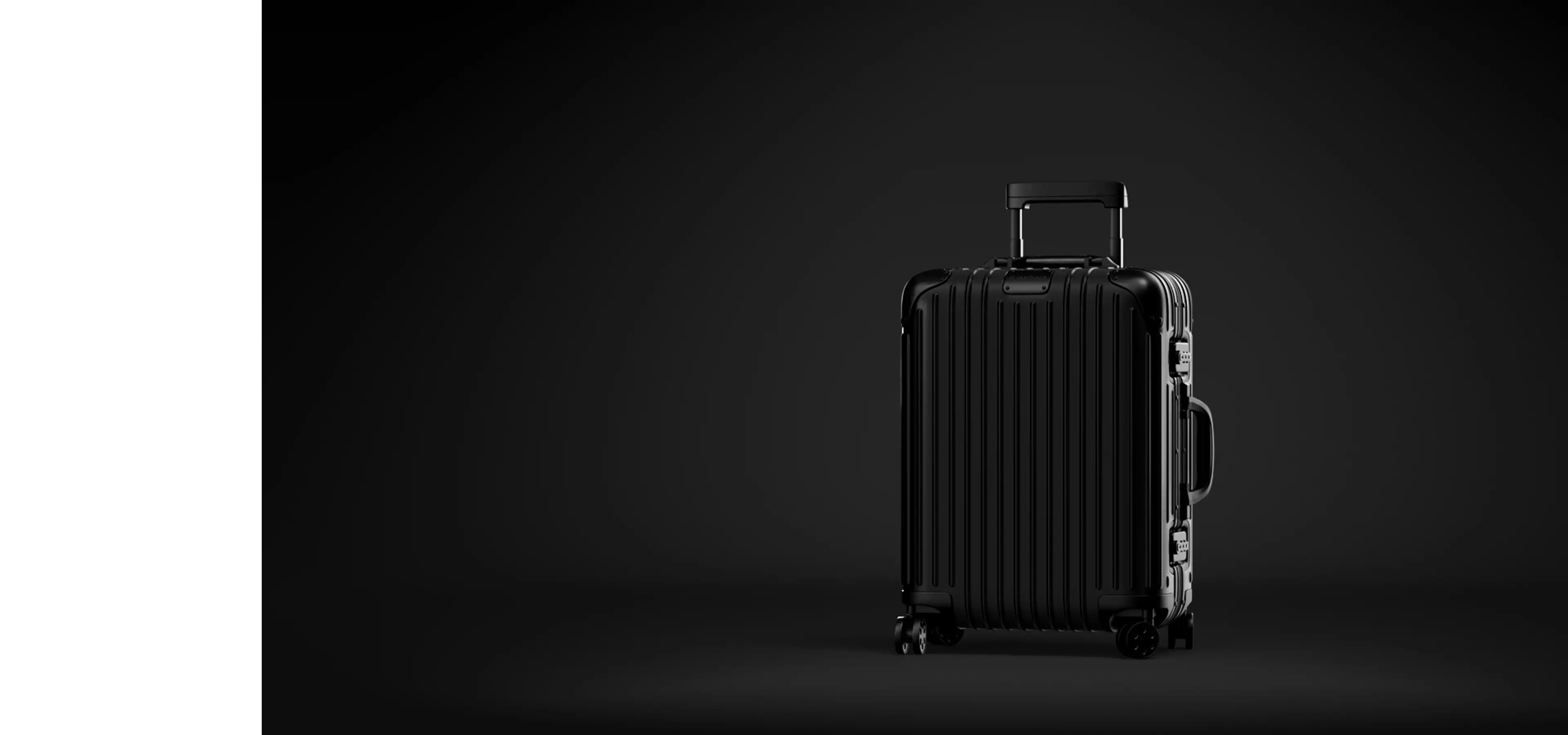 Cgi product animation of a black suitcase standing on wheels against a dark background