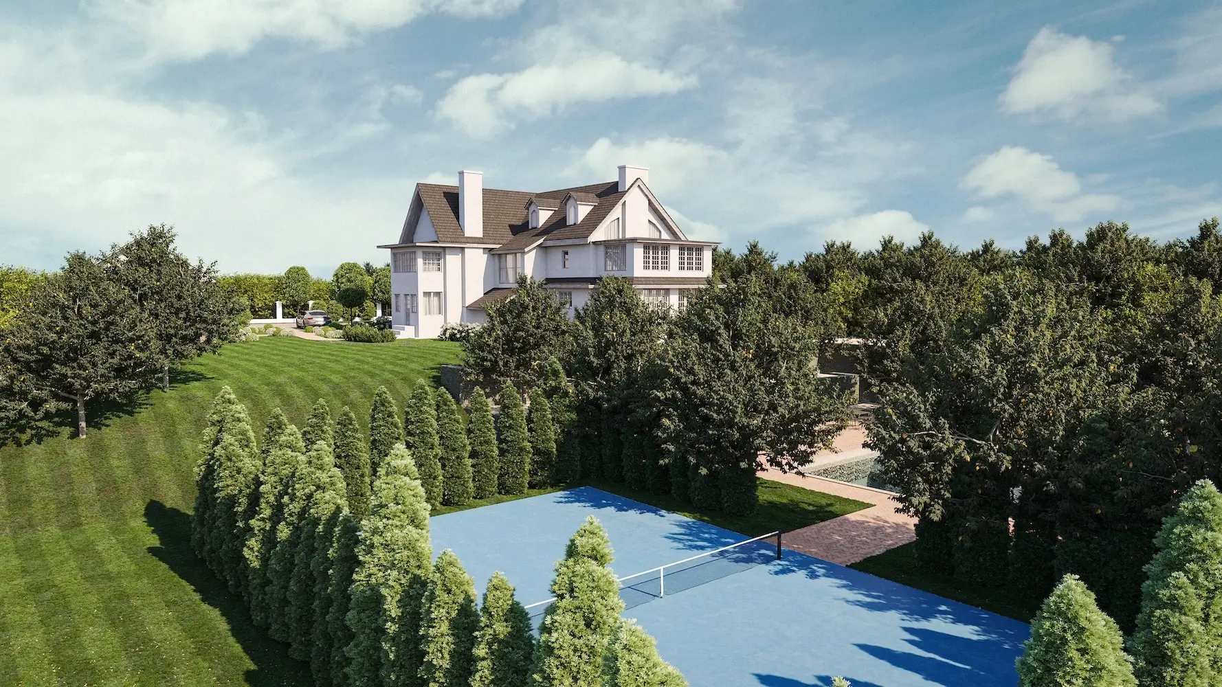 large white house with tennis court and landscaped trees on estate, cgi vs ai difference between cgi and ai example