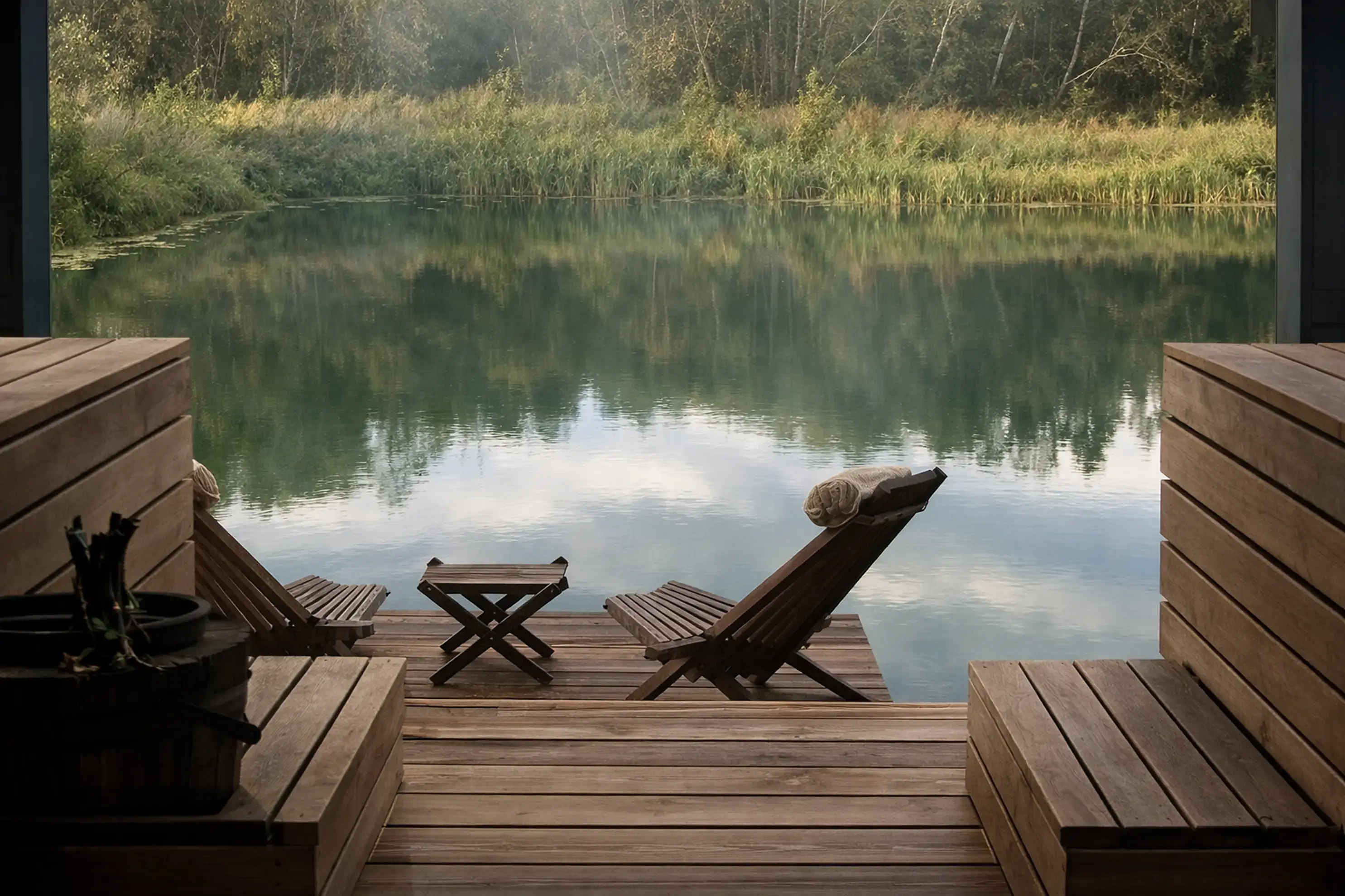 wooden deck with lounge chairs facing calm lake and forest reflection, cgi vs ai difference between cgi and ai concept