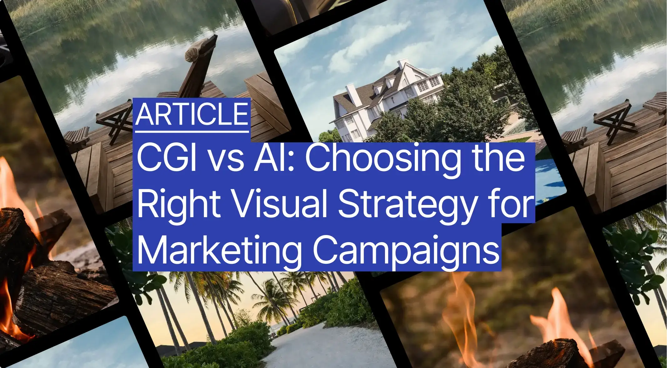 Collage of CGI visualizations illustrating the topic CGI vs AI and the difference between CGI and AI in marketing visuals