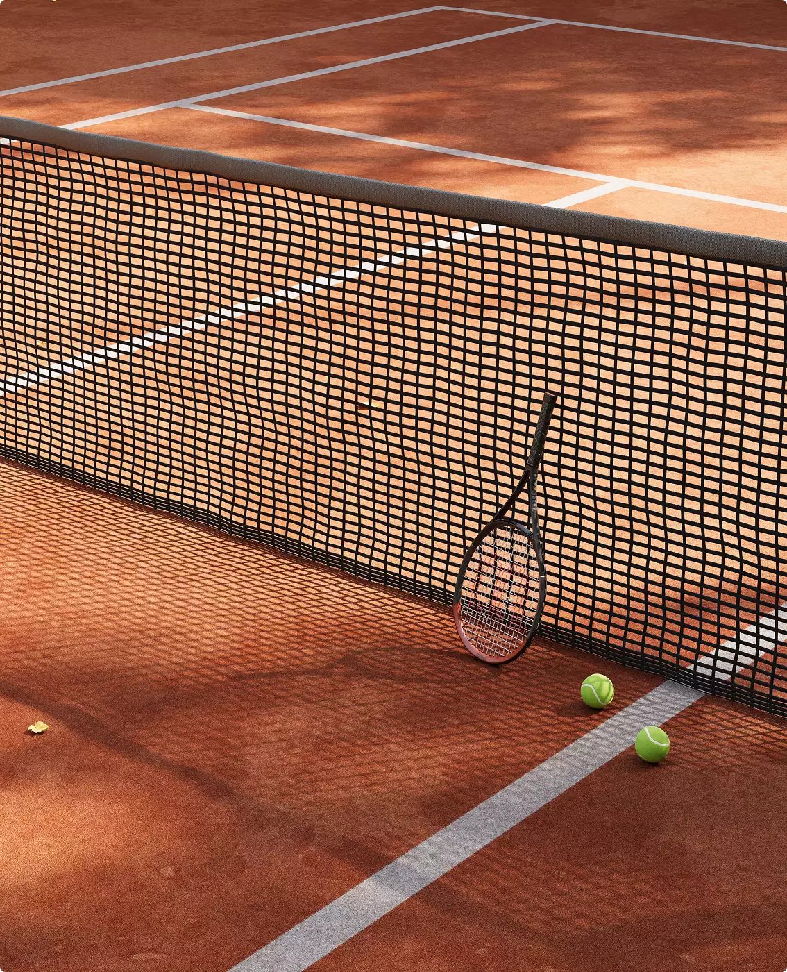 Clay tennis court design with forest backdrop, green fence, net, racket closeup.