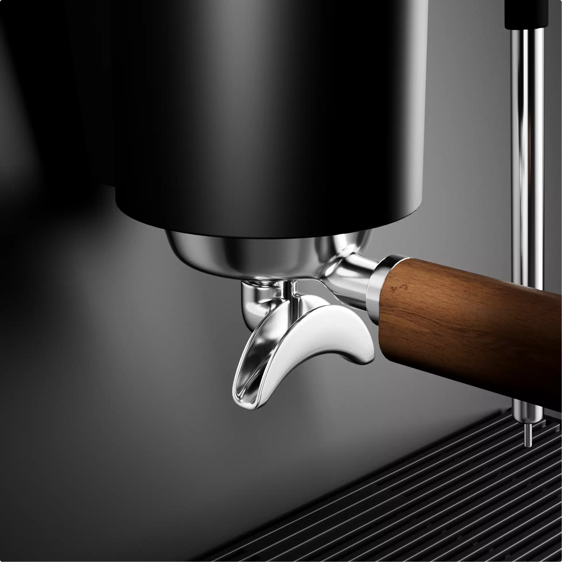Close-up of chrome espresso machine portafilter with wooden handle above ridged drip tray
