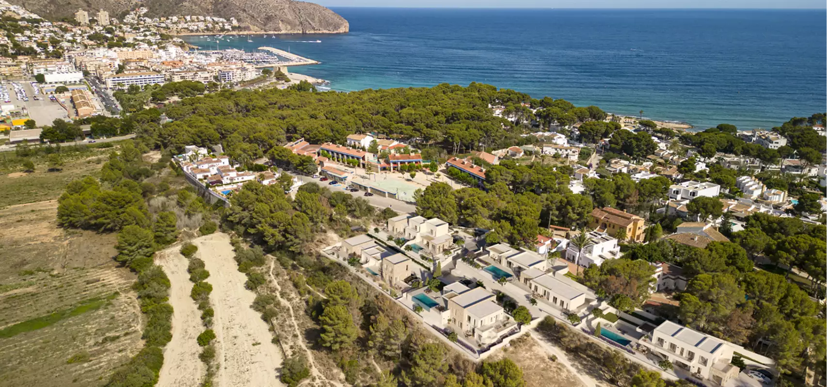 Coastal housing development aerial view, residential renderings, beside trees, marina, and sea