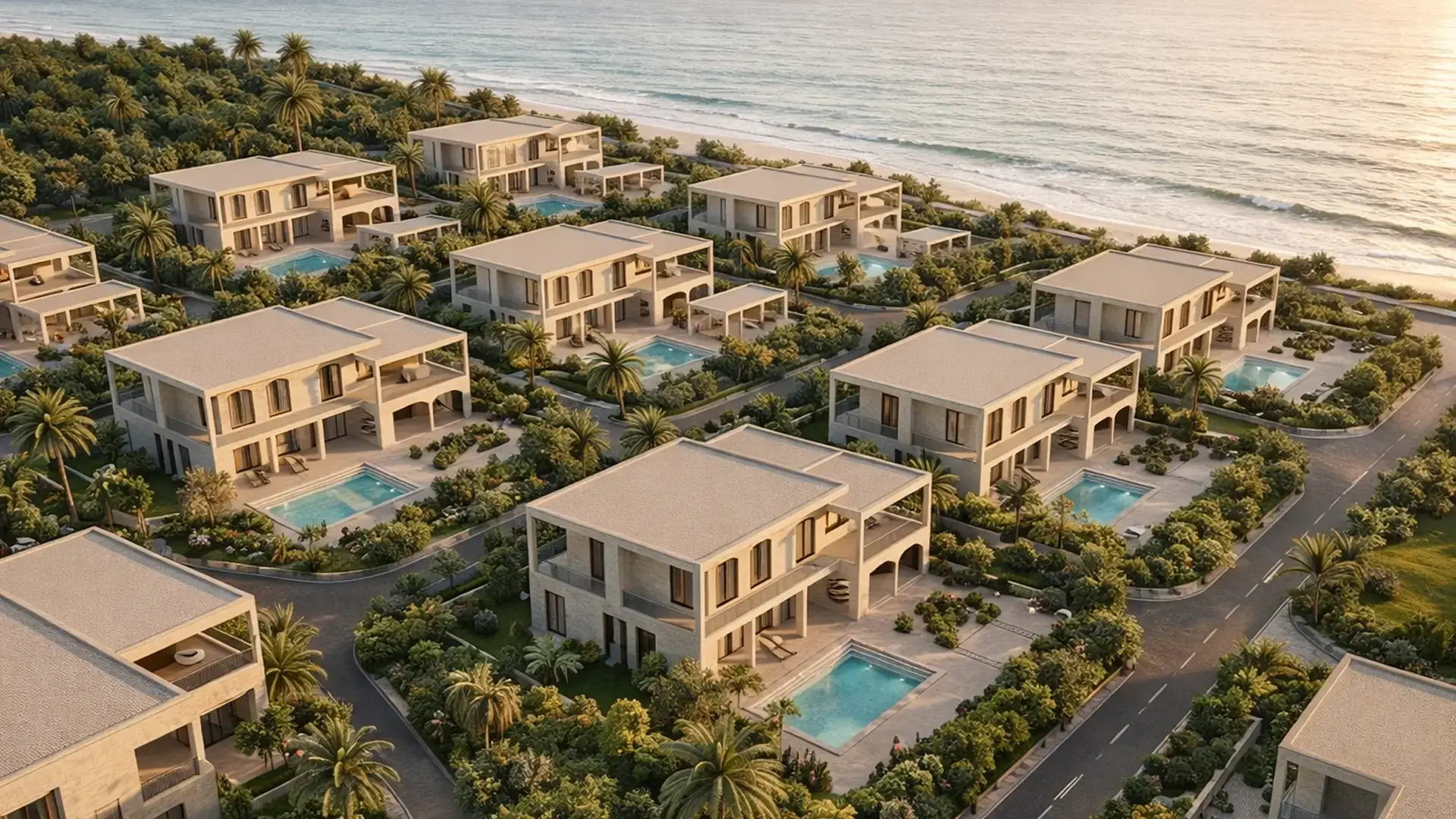 Coastal villa development aerial view created using 3D site plan rendering services and architectural visualization services
