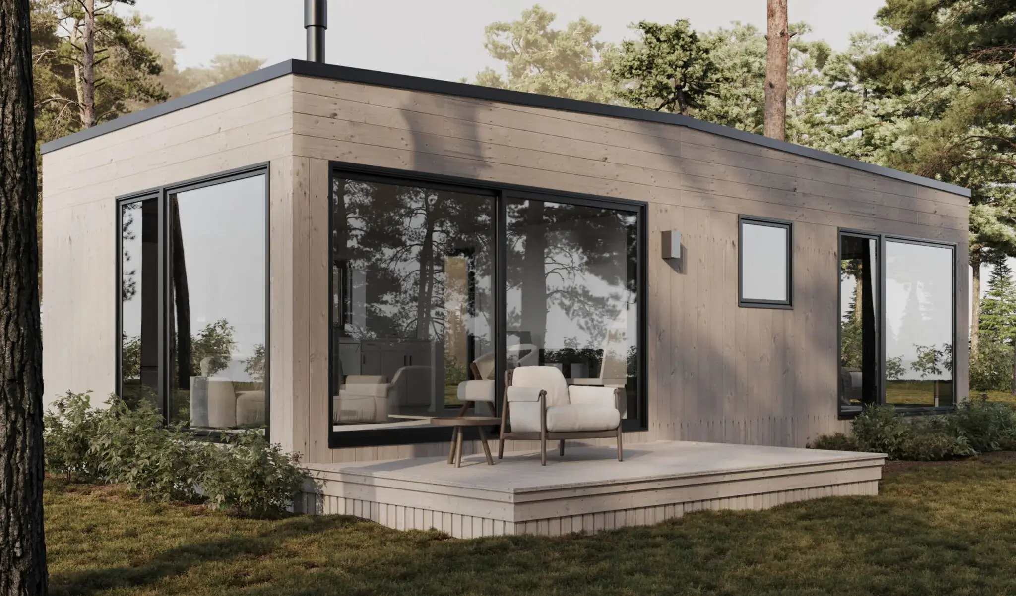 Compact modern house in a wooded setting with deck, house rendering cost reference