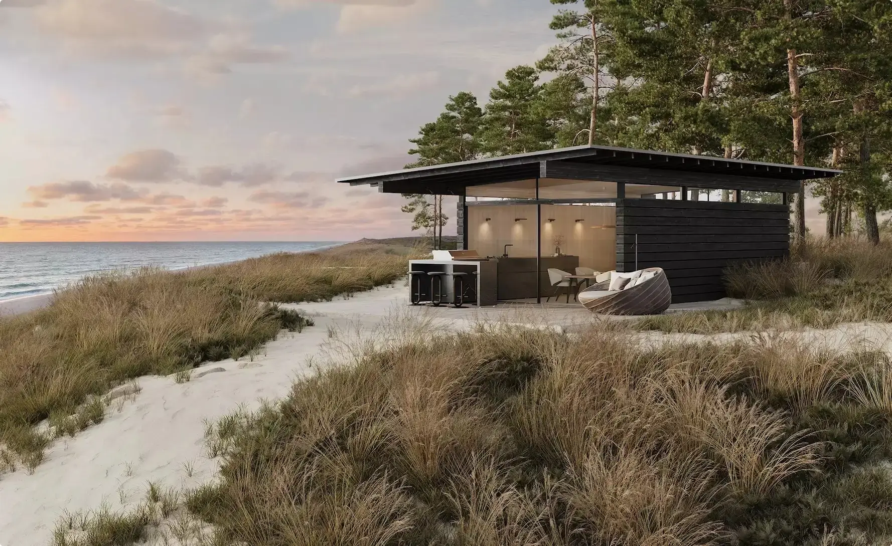 Contemporary architecture beach house among dunes and pines, open glass facade by the sea