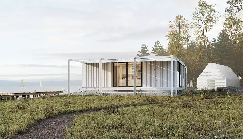 Contemporary architecture modular pavilion on a coastal meadow, with pier, sailboats, and glass walls