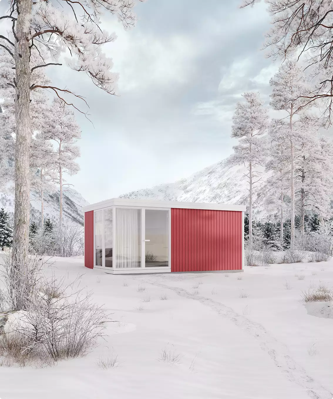 Contemporary architecture red compact cabin in snowy mountains, framed by frosted pines
