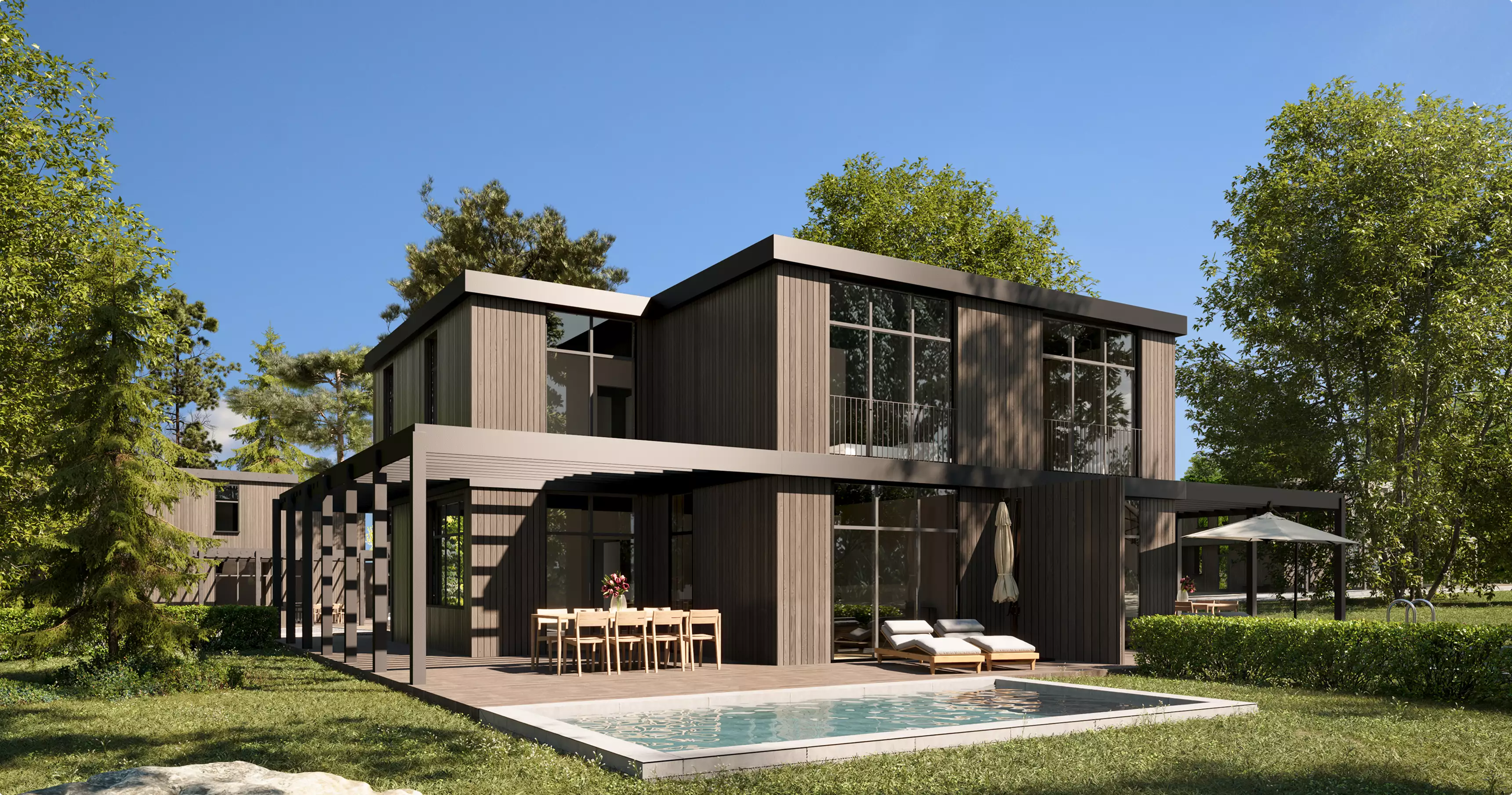 Contemporary home exterior with wood facade, large windows, pool terrace and outdoor dining area