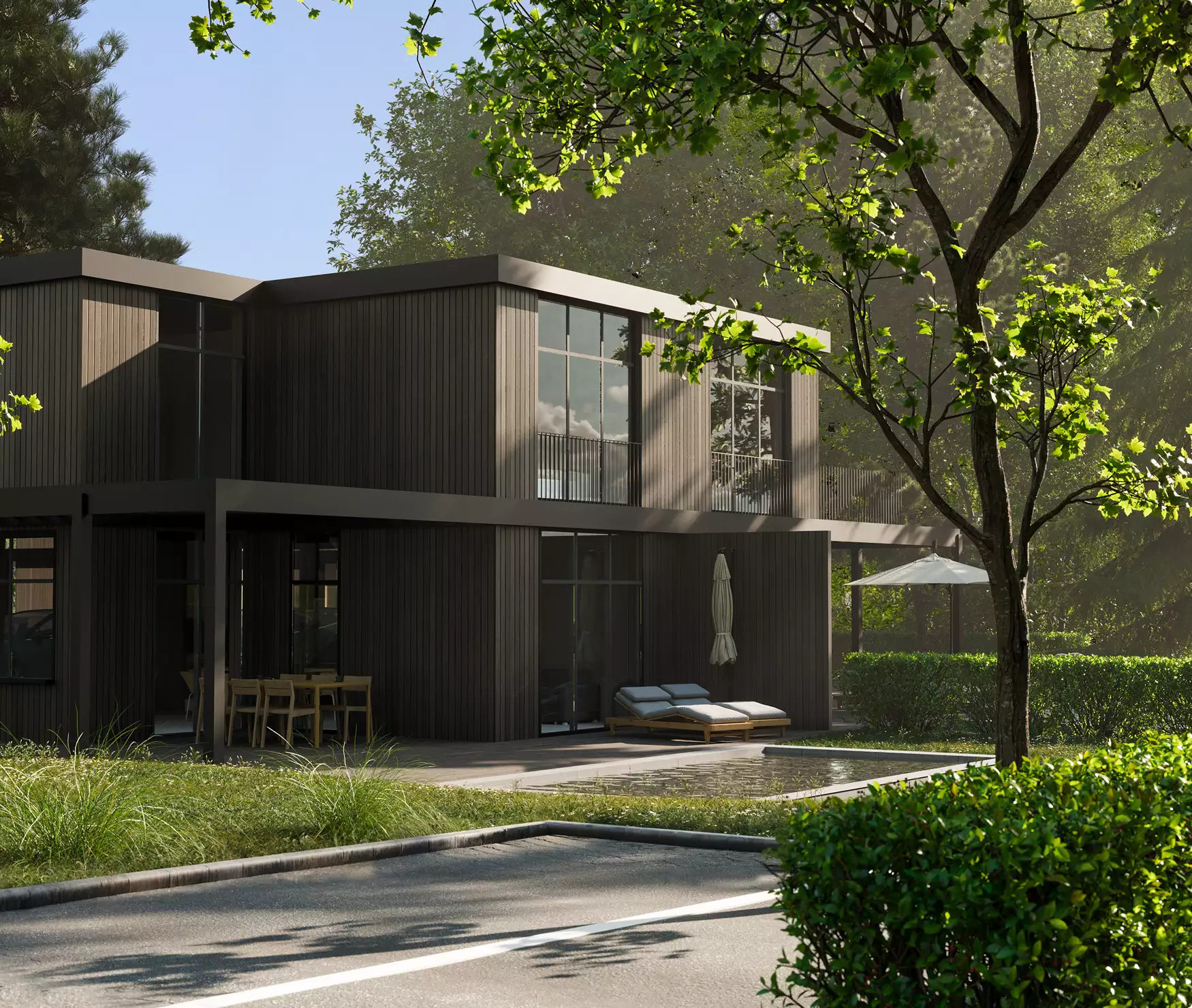 Contemporary home exterior with wood facade, large windows, pool terrace and surrounding trees