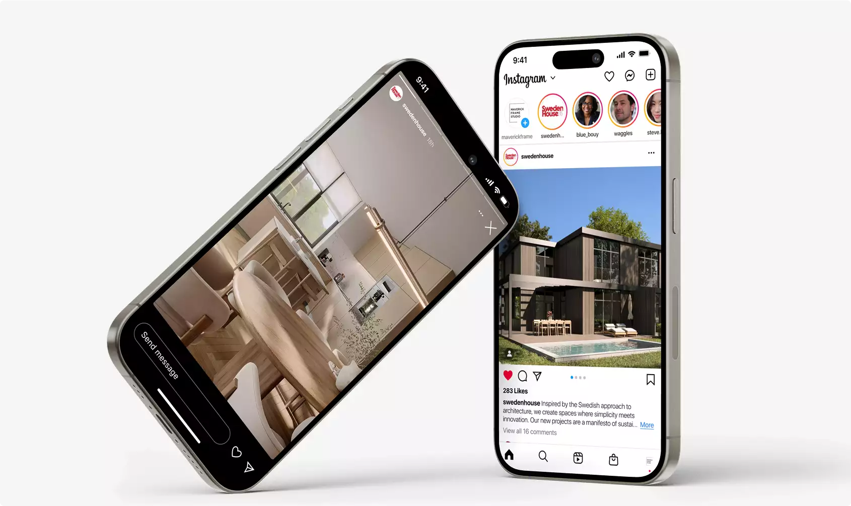 Two smartphones displaying Instagram post of contemporary house exterior with pool beside interior dining scene