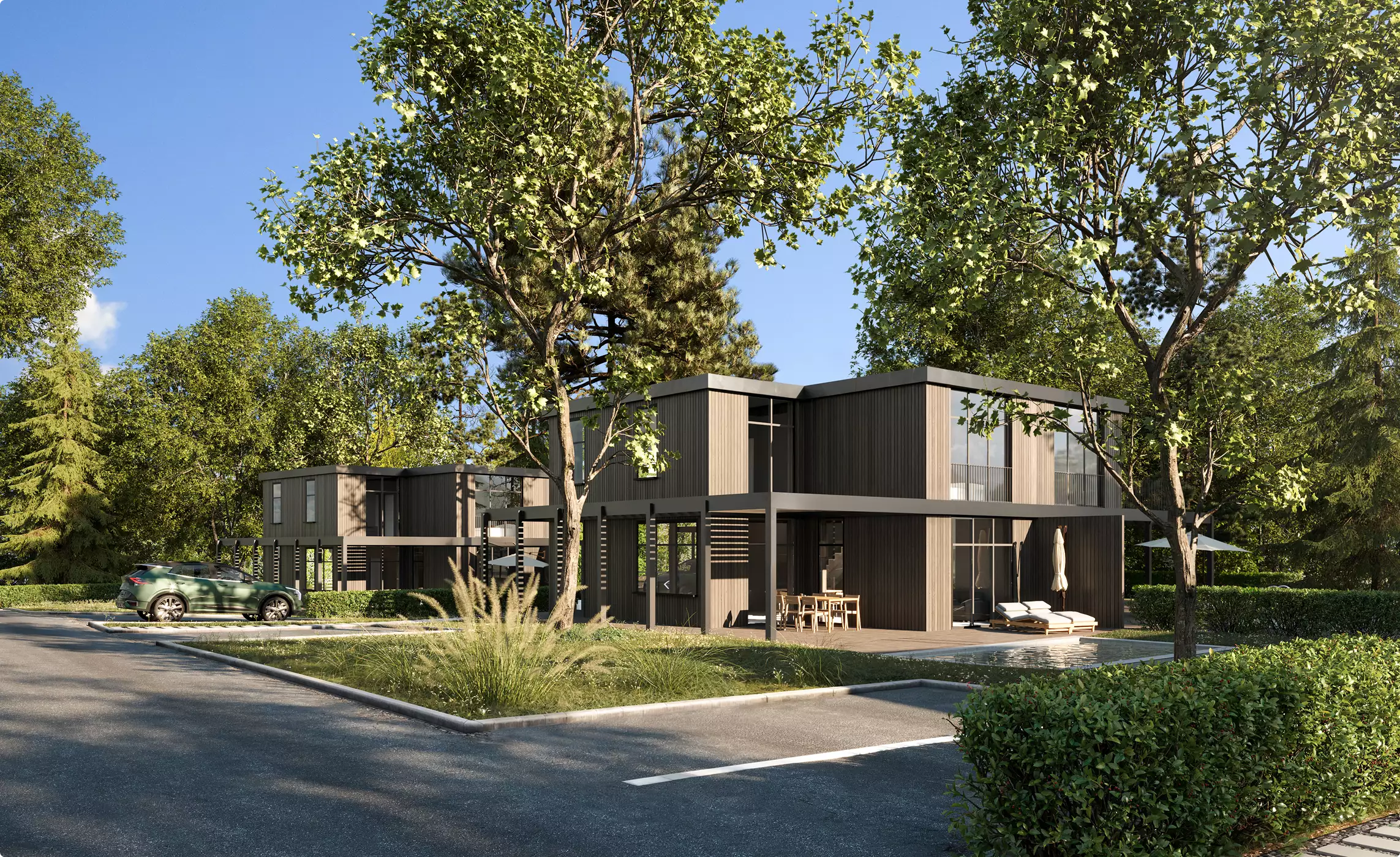 Contemporary house exterior with wood facade, large windows, terrace seating and surrounding trees