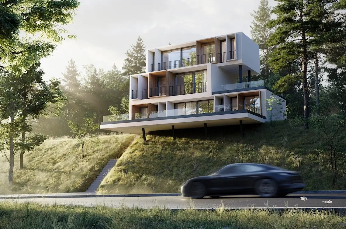 Contemporary residential architectural style house with glass facade and terraces on forest hillside