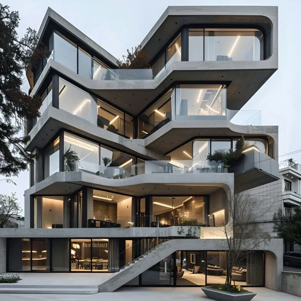 Contemporary residential building style with curved concrete terraces and large glass windows