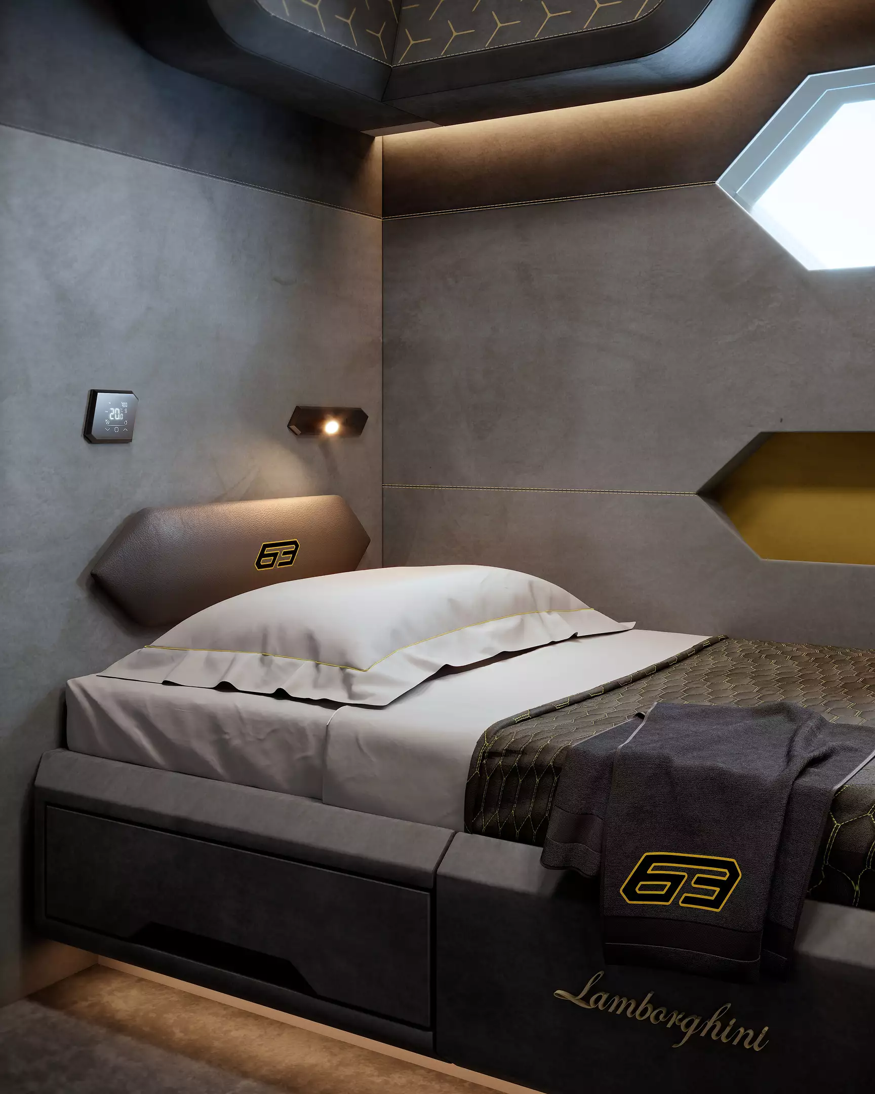 Yacht interior cabin rendering with single bed, geometric wall panels, soft lighting, and sporty yacht design accents