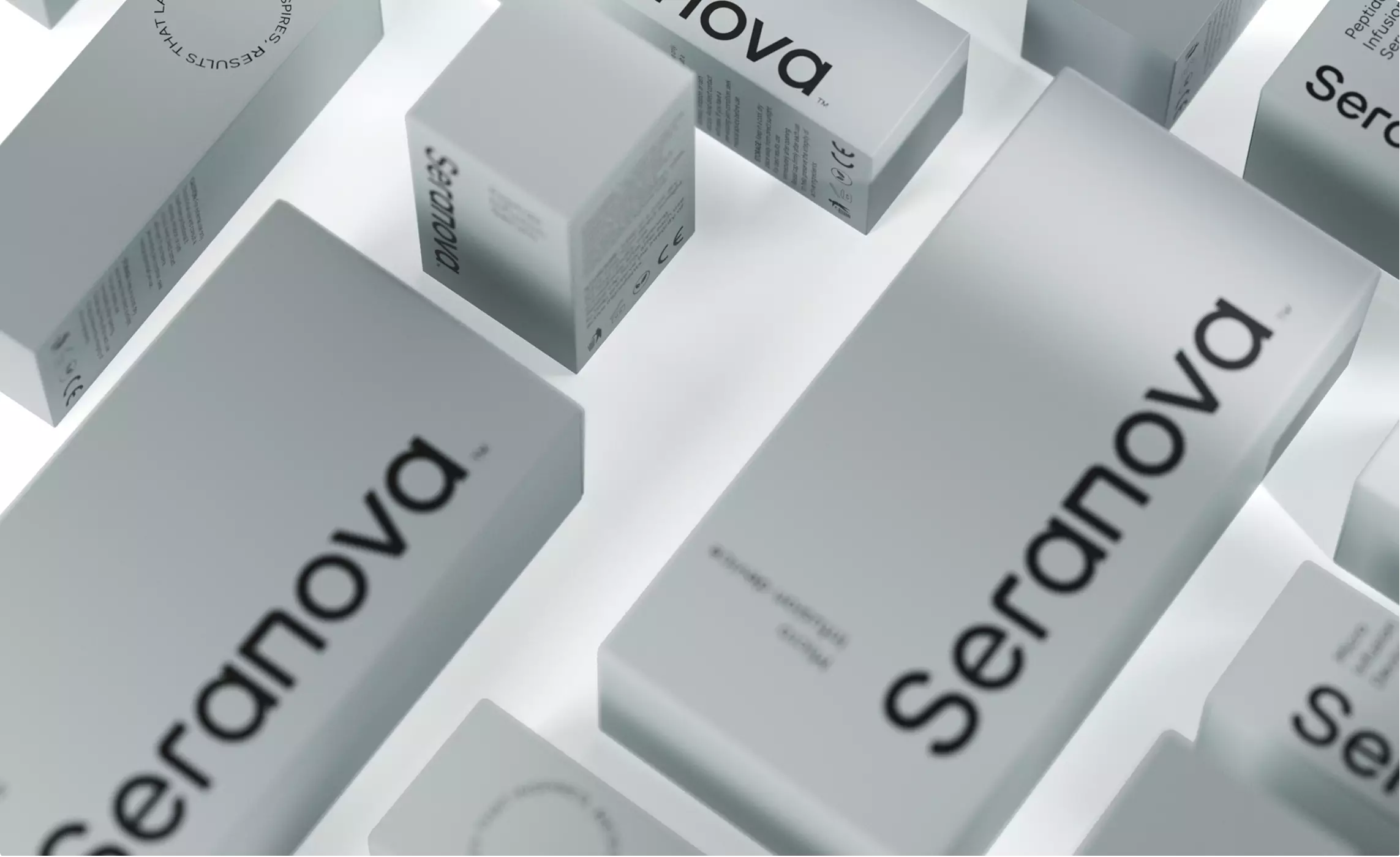 Cosmetic product packaging design minimalist skincare boxes with bold typography arranged diagonally