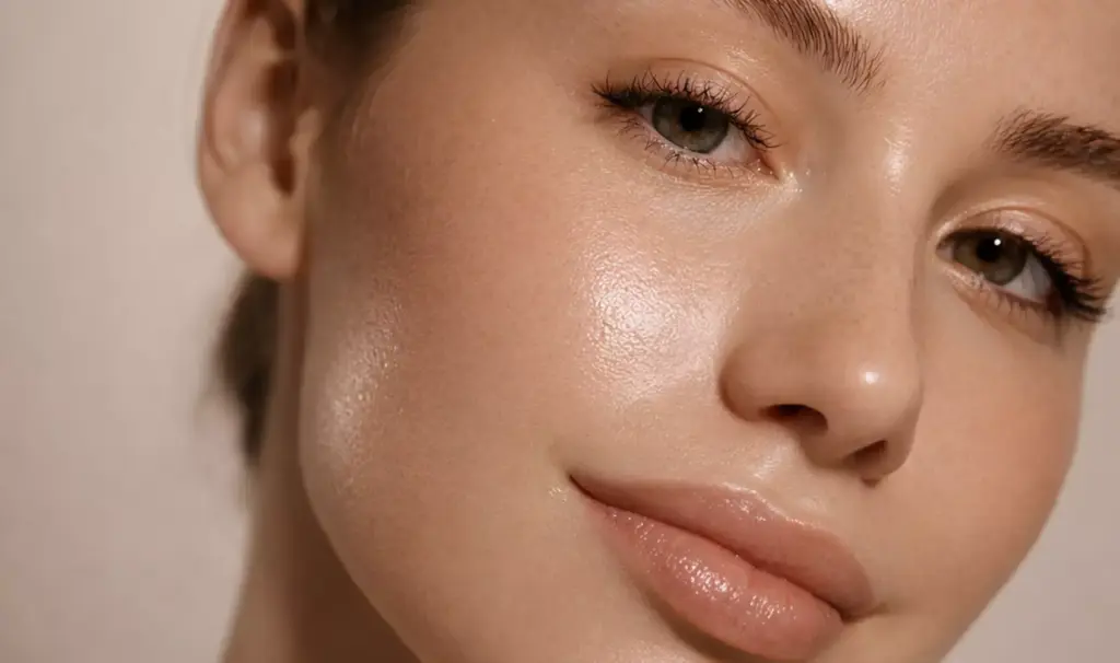 close-up of woman's glowing skin and natural makeup, cosmetics packaging design beauty result concept