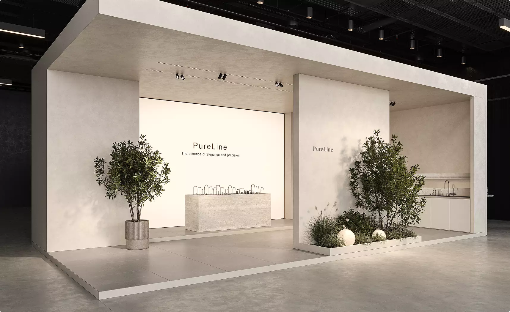 Minimal trade show booth in custom exhibition stand design with faucet display, plants and soft lighting