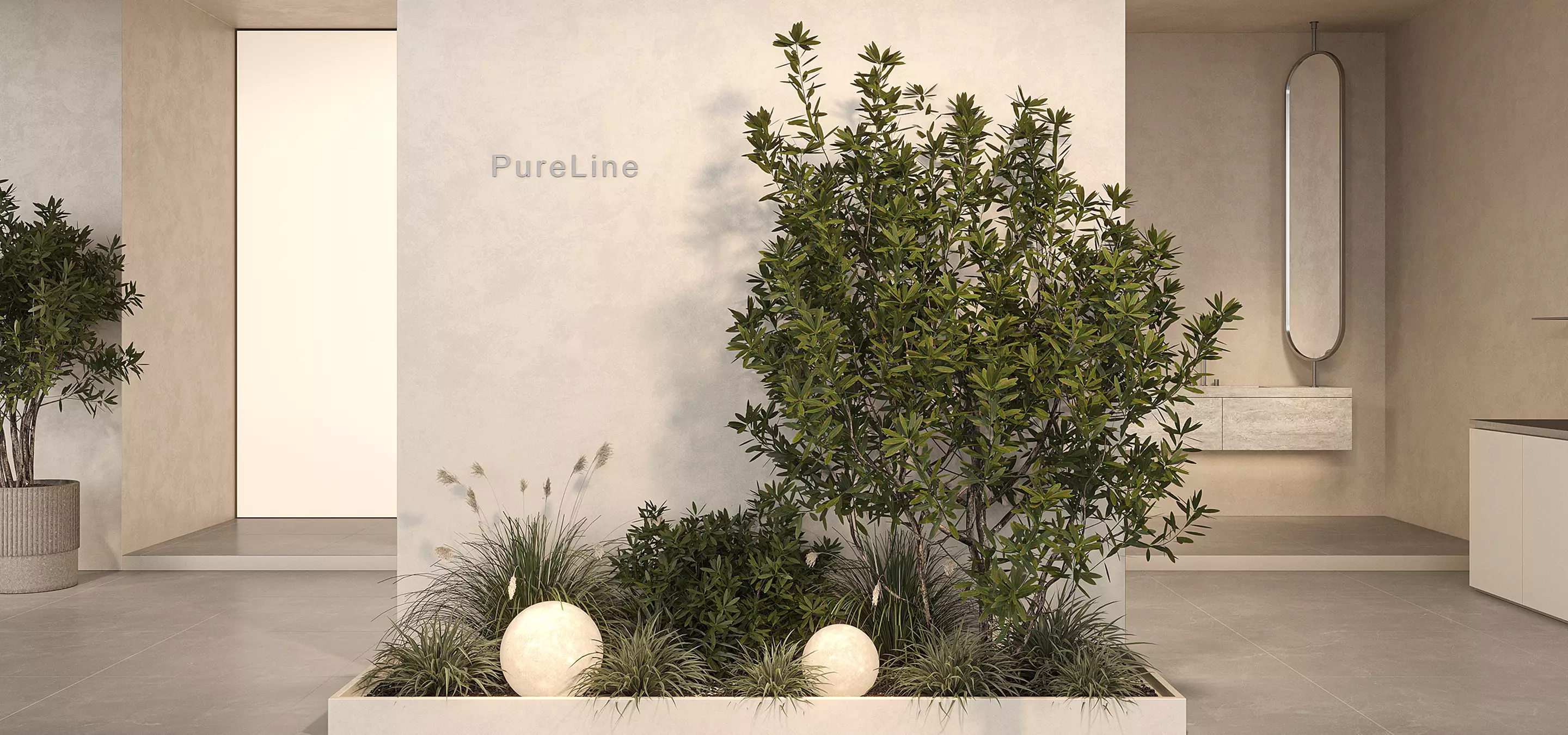 Indoor planter in custom exhibition stand design with shrubs, glowing spheres and neutral display walls