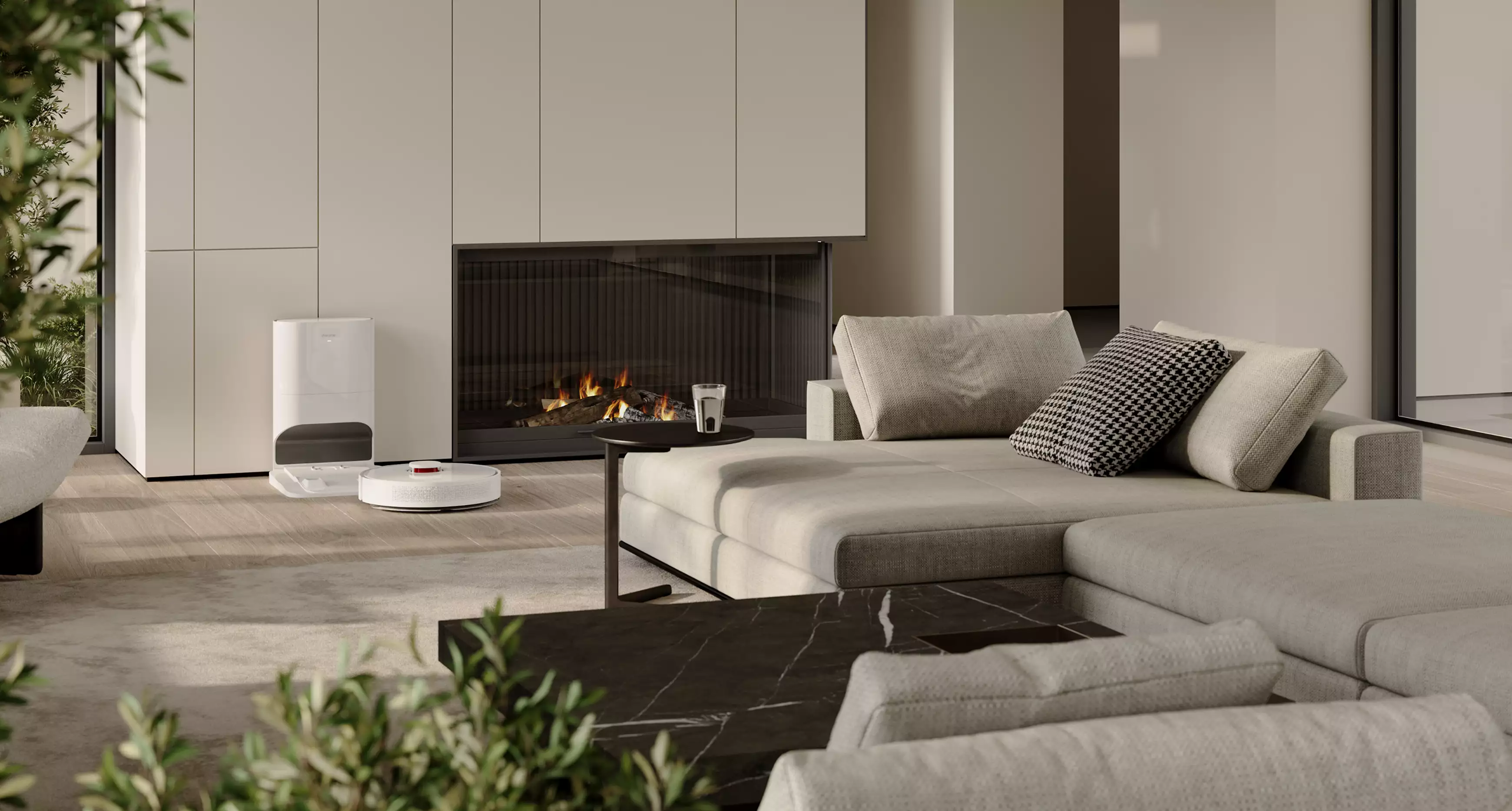 Design of vacuum cleaner robot cleaning floor near fireplace with docking station in modern living room interior