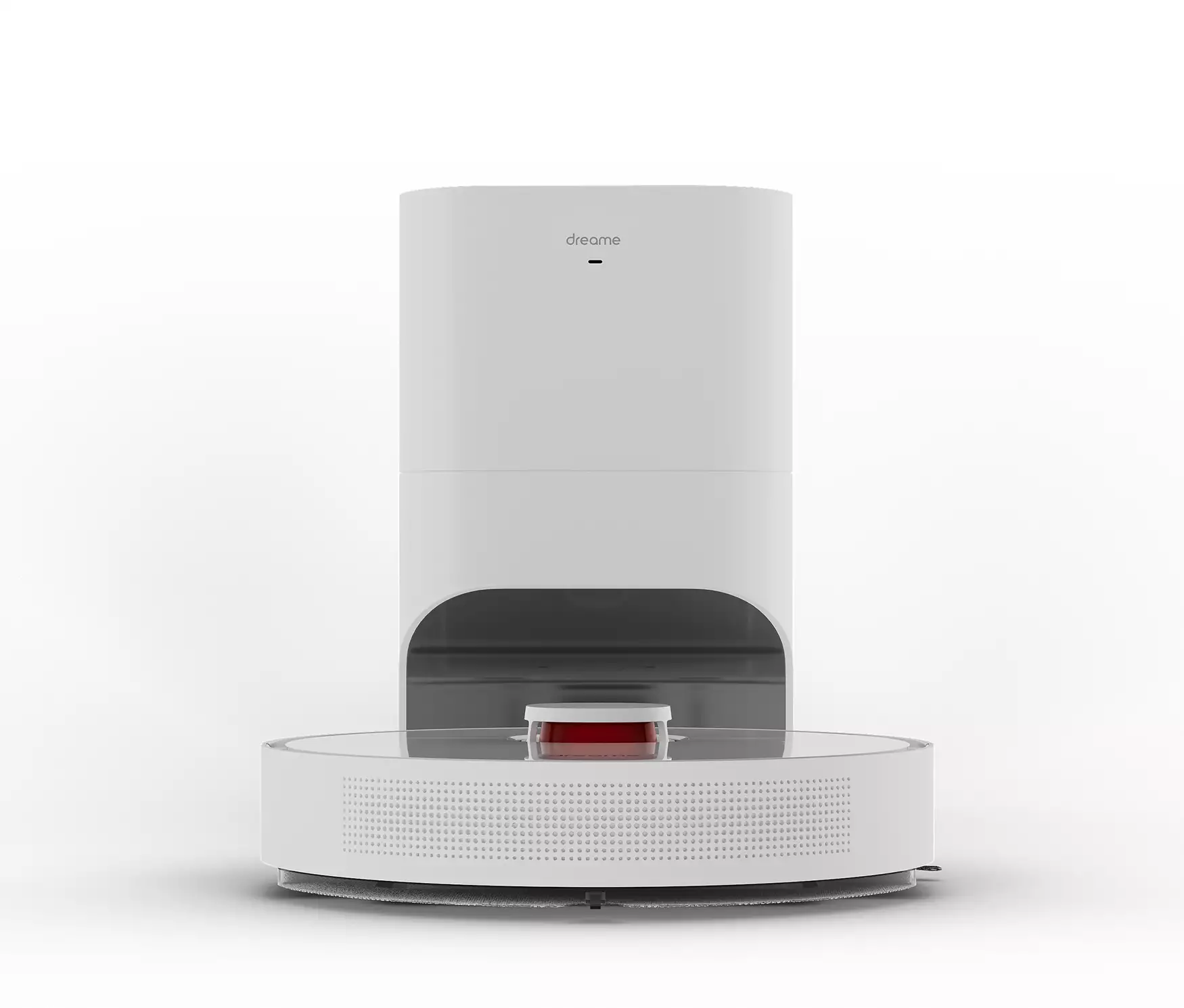 Design of vacuum cleaner robot at docking station front view on white background product visualization