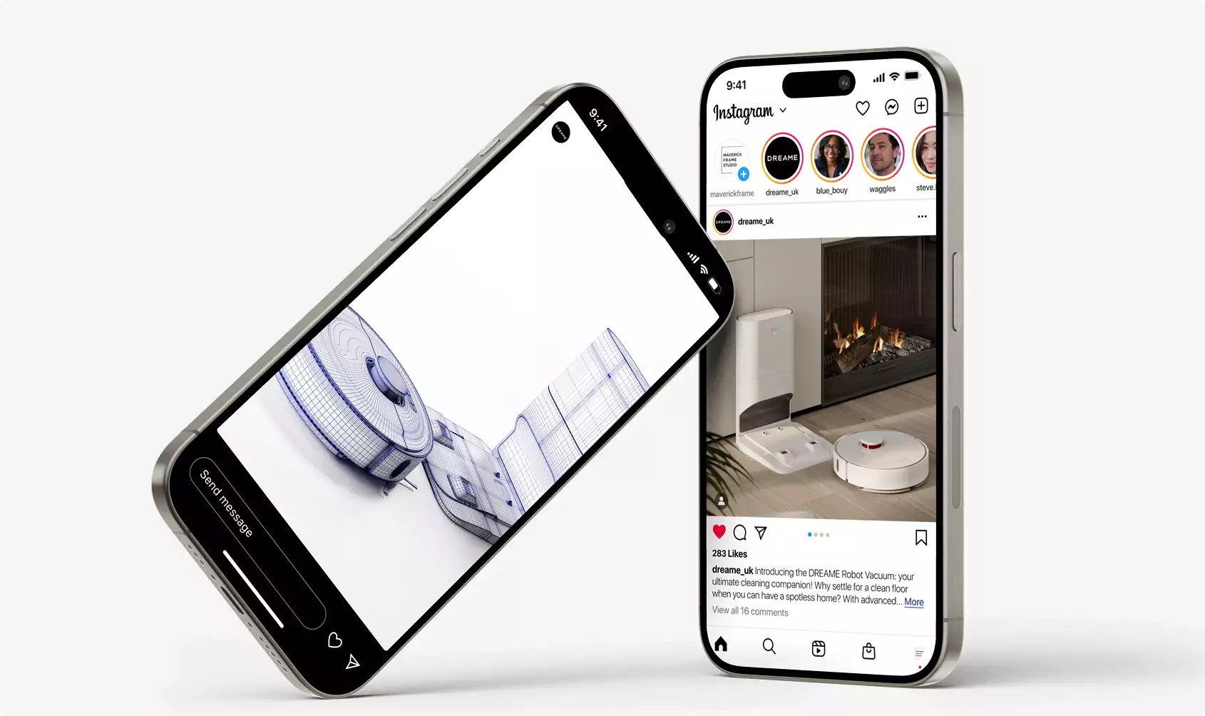 Design vacuum cleaner concept displayed on smartphone screens showing robot vacuum product visualization and social media post