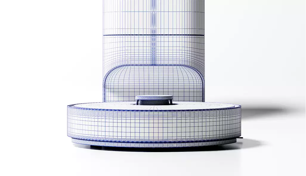 Design vacuum cleaner wireframe front view with robot vacuum and docking station product structure visualization