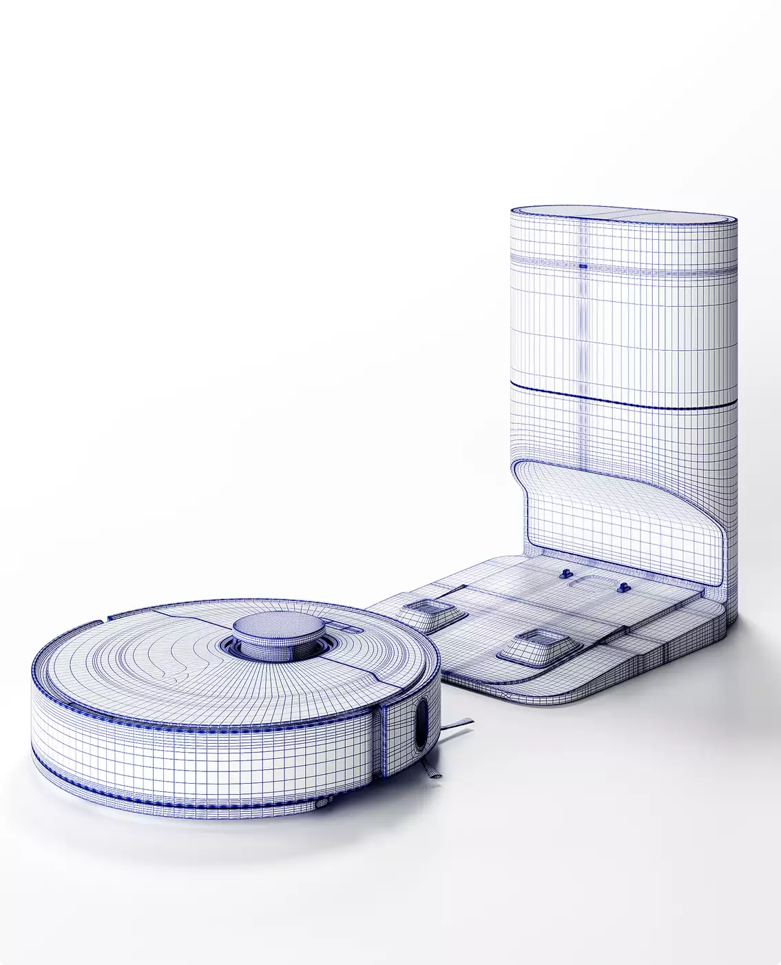 Design vacuum cleaner wireframe model with robot vacuum and docking station on white background product visualization