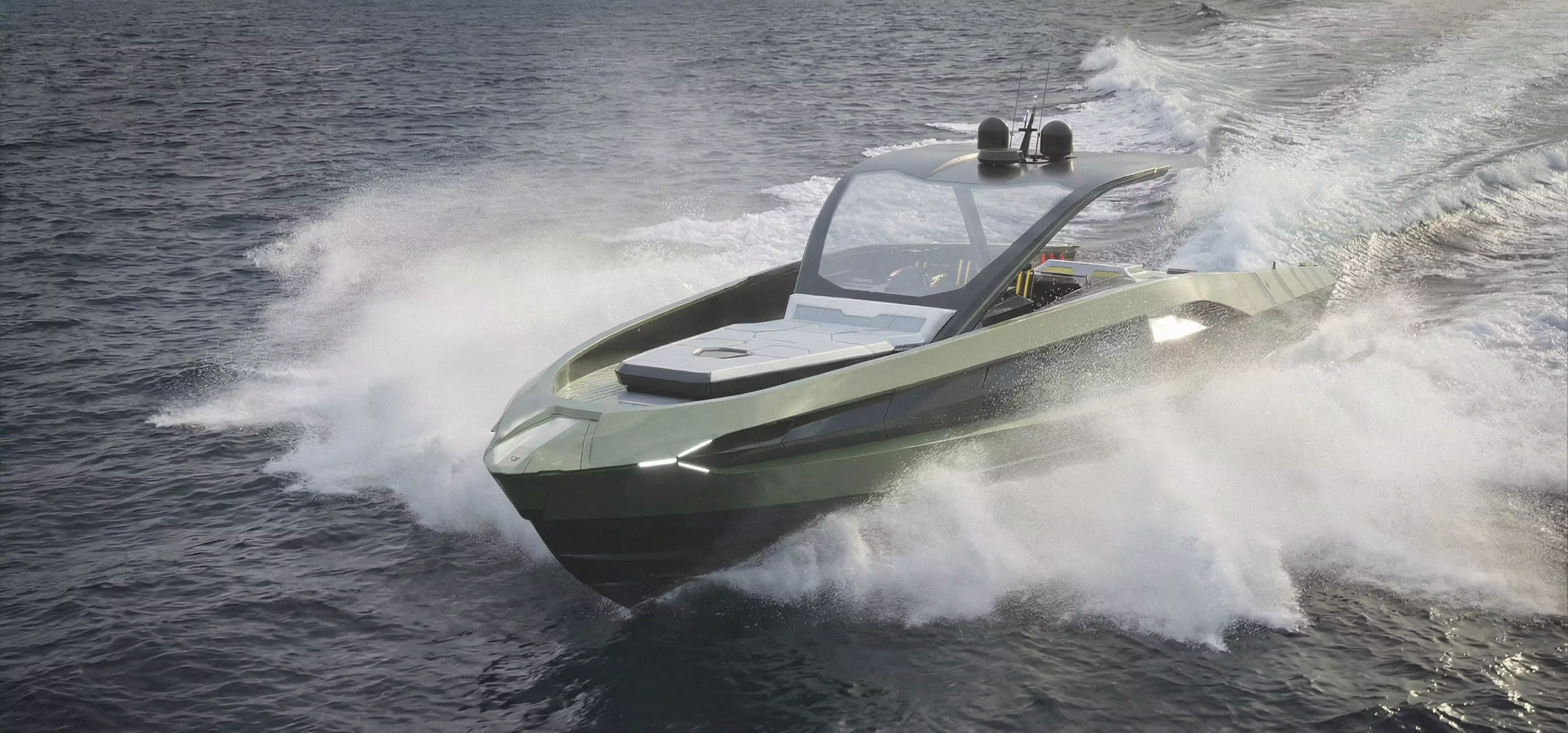 Yacht rendering cruising at high speed on open sea with sharp angular yacht design and dramatic water spray around hull