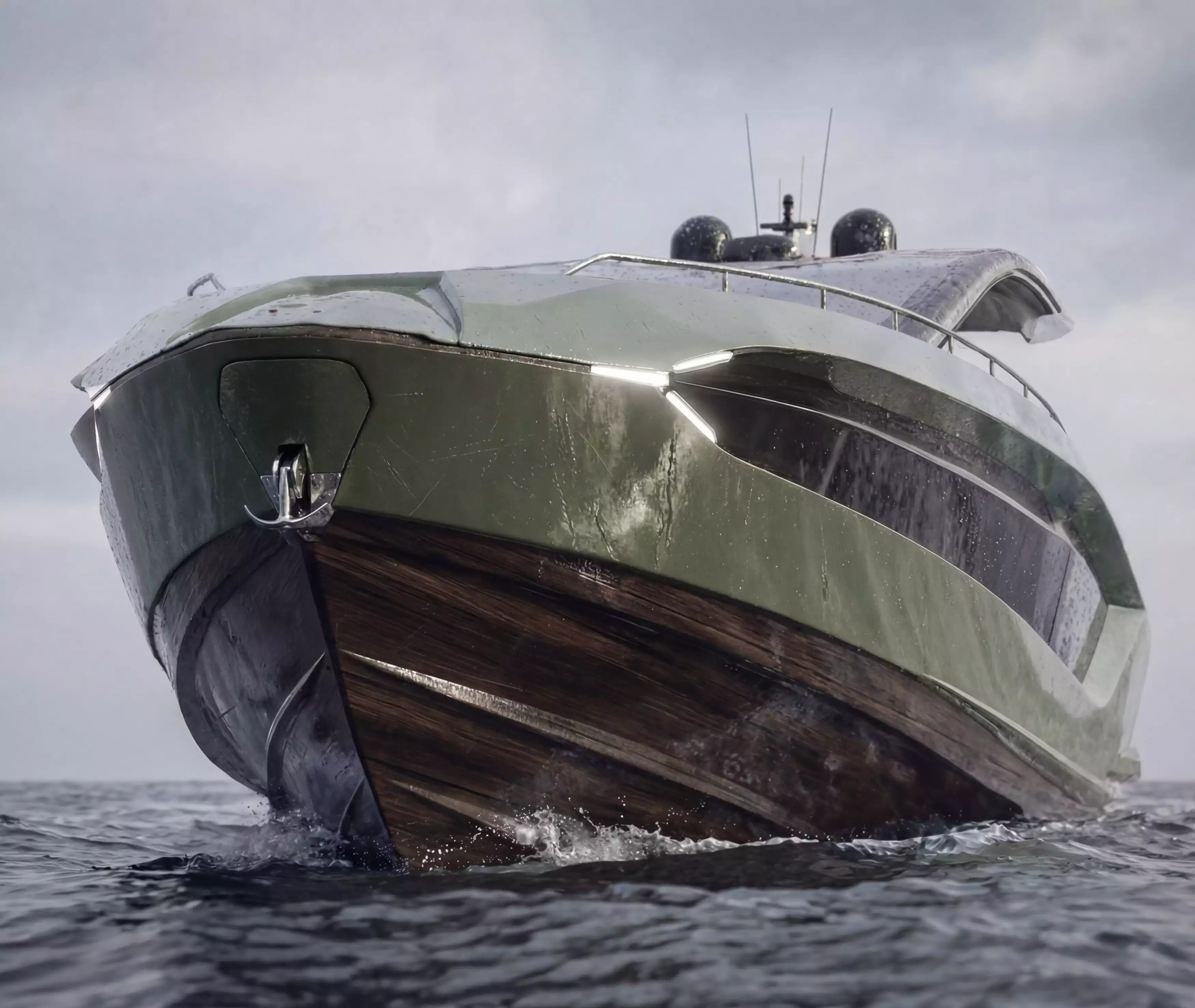 Yacht rendering from low bow angle on open water with sleek yacht design, wooden hull, and waves splashing against the side