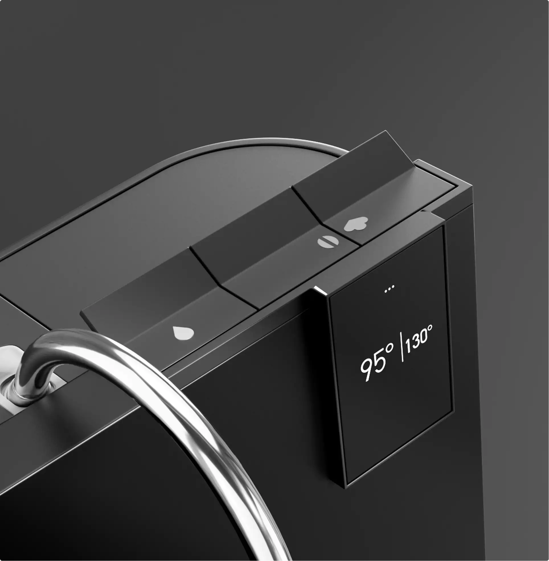 Top view of black espresso machine with temperature display and icon buttons for water, beans and heart