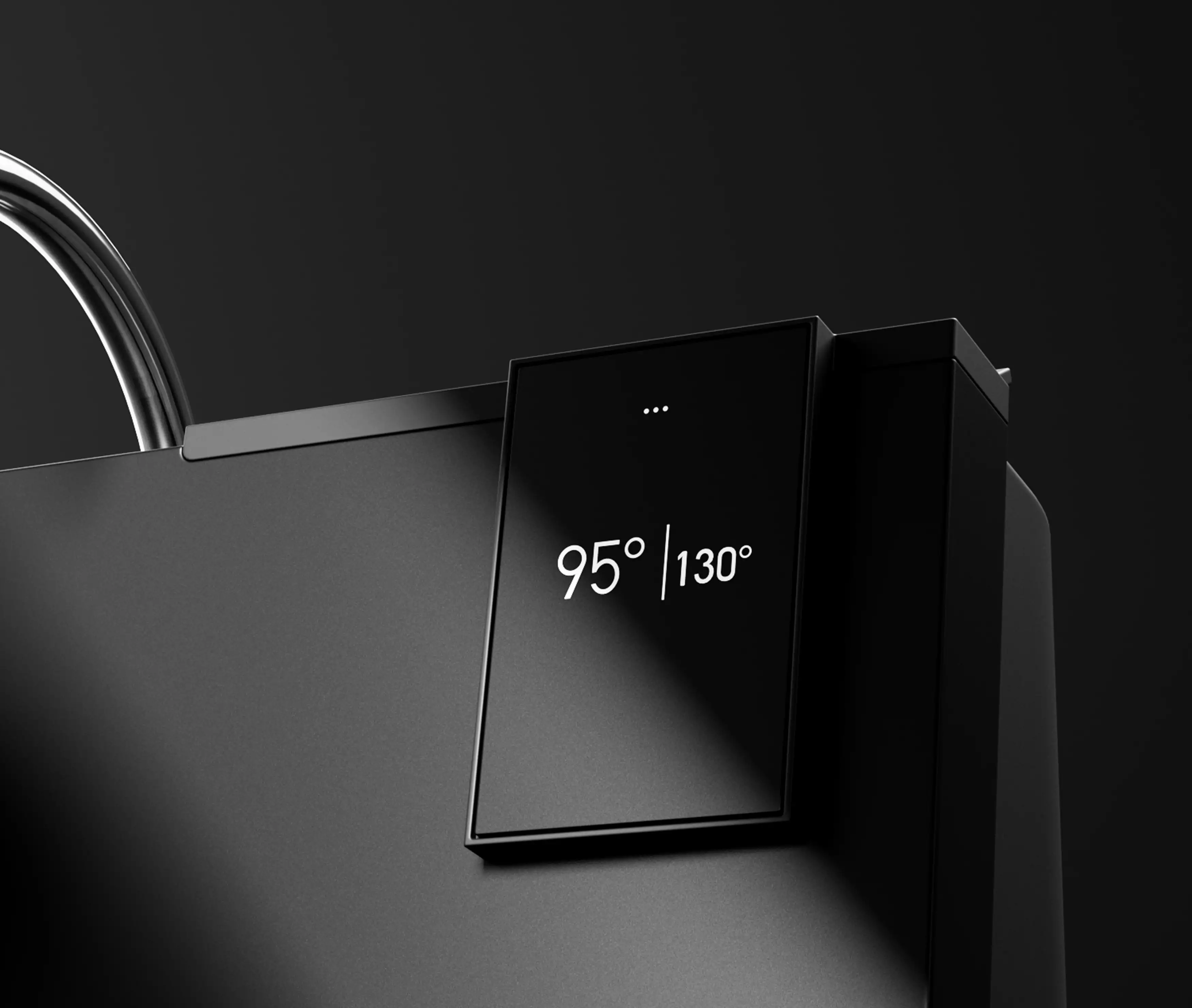 Angular black espresso machine display reading 95 and 130 on dark background