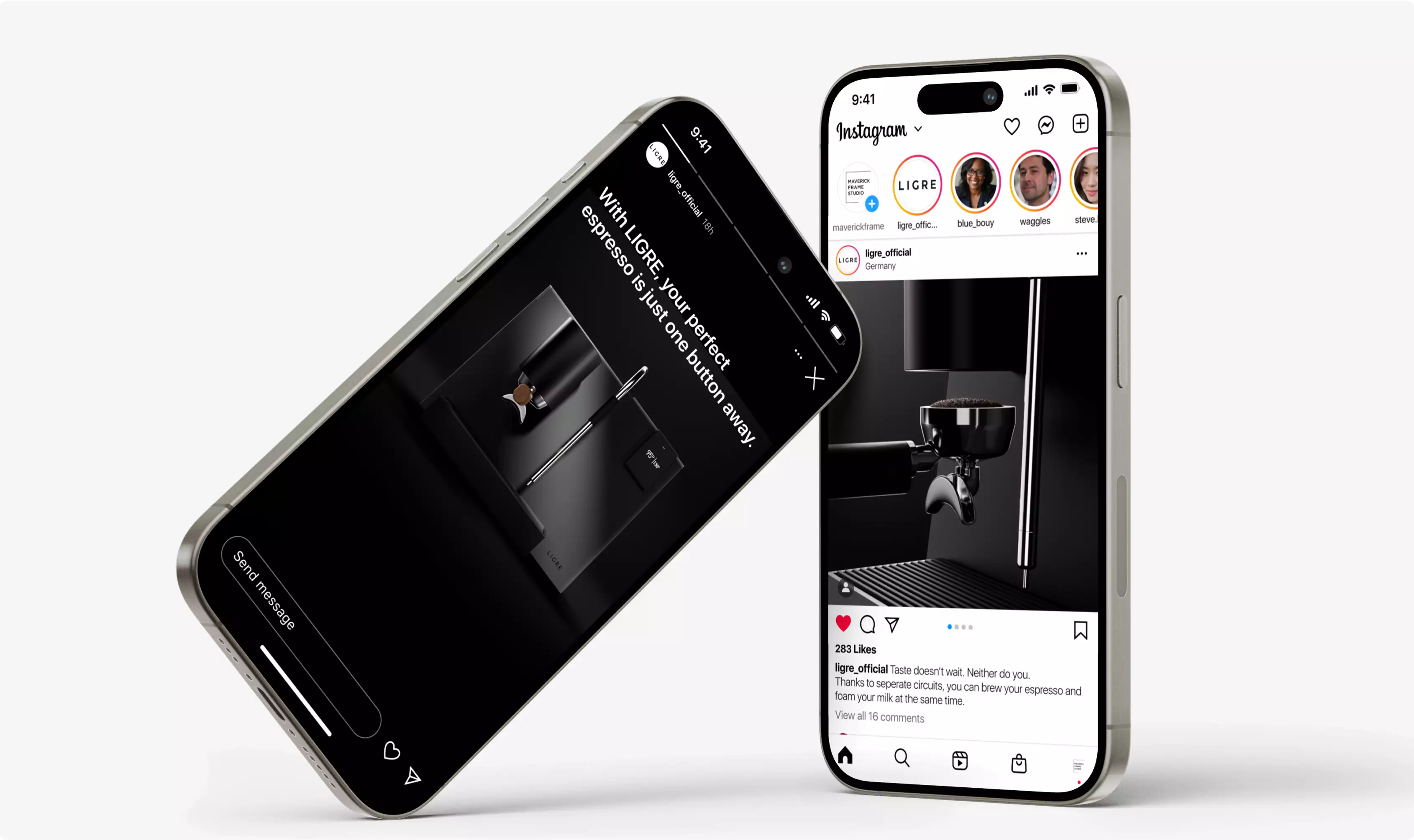 Two smartphones displaying espresso machine product design in Instagram story and feed mockups