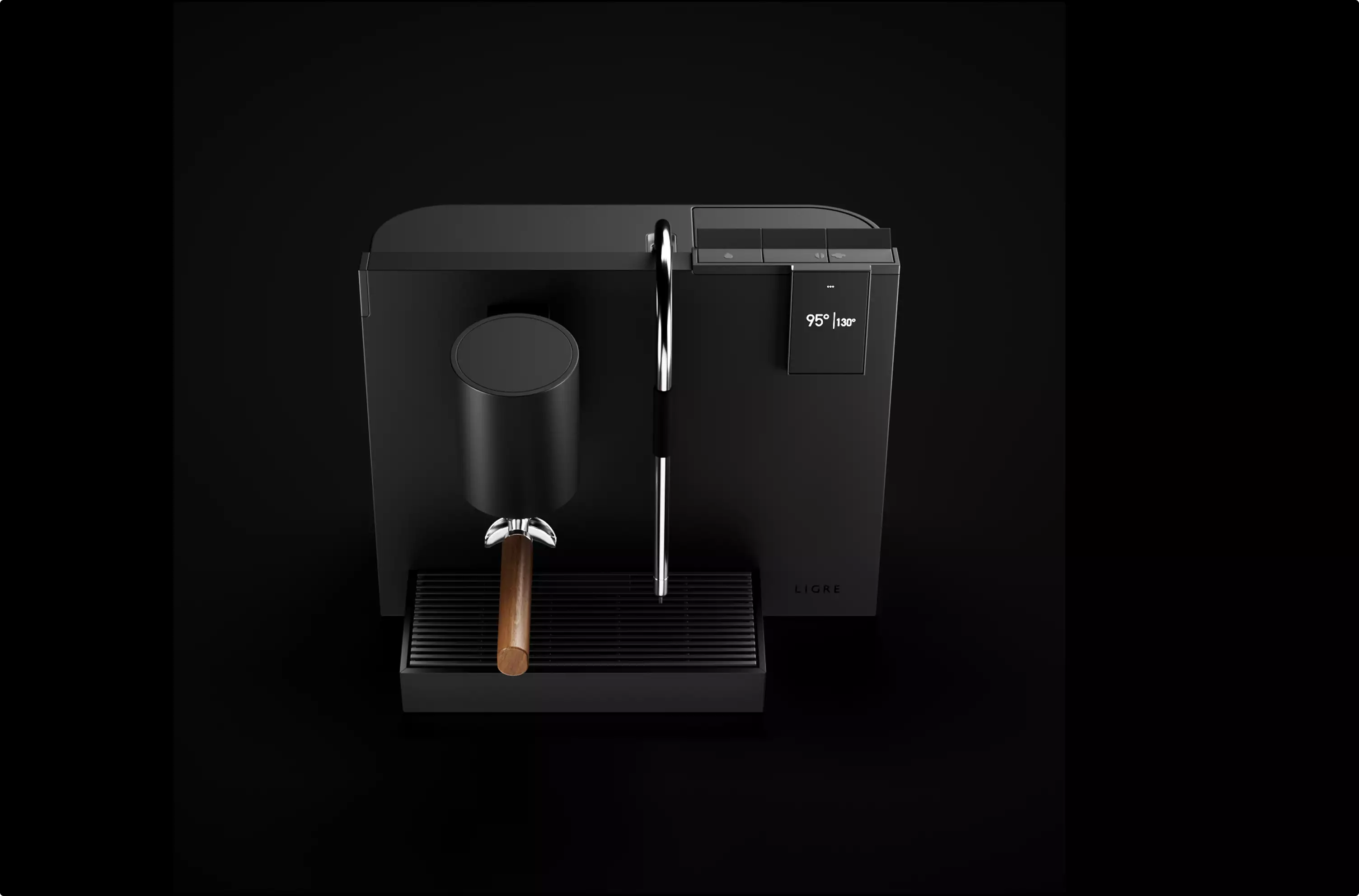 Minimalist espresso machine product design in black with wooden handle on dark background