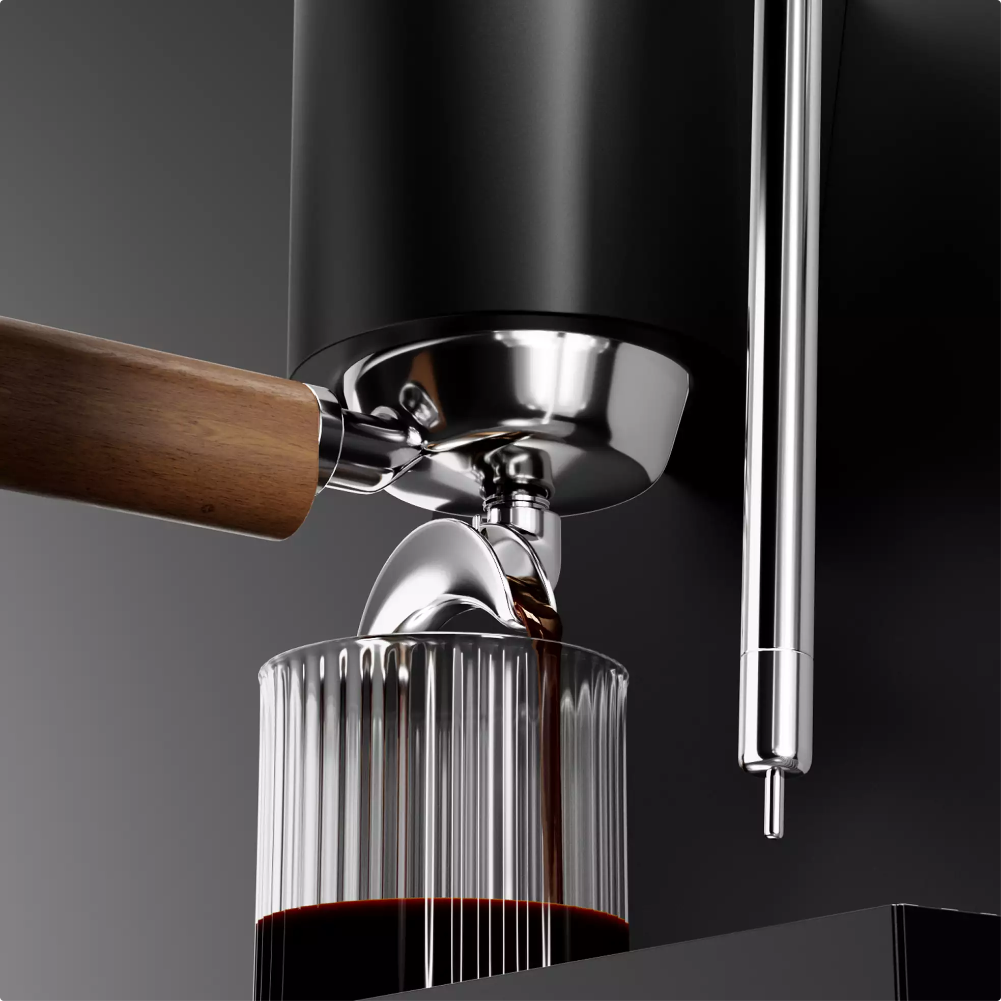 Espresso flowing from chrome spout into ribbed glass under black machine with wooden handle