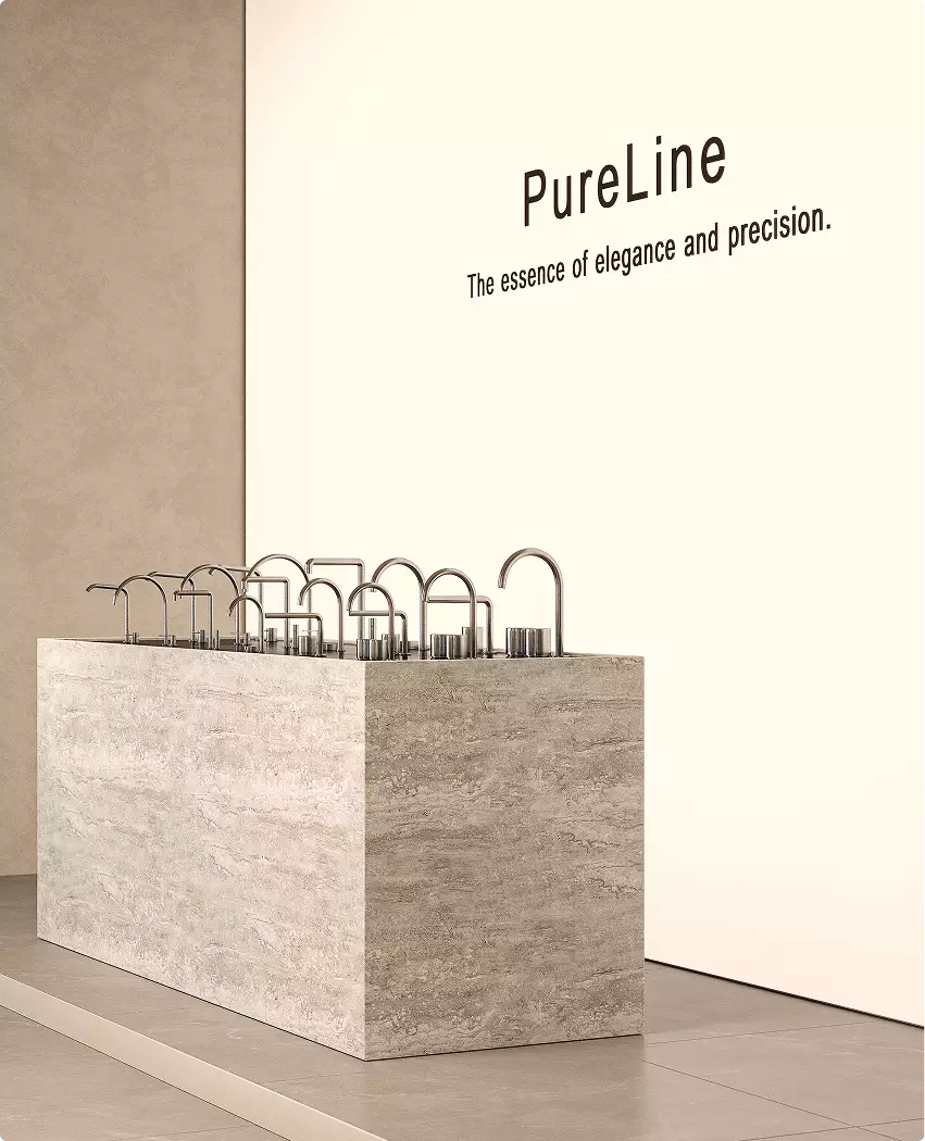 Faucet display plinth in exhibition booth visualization with brand wall text and stone finish