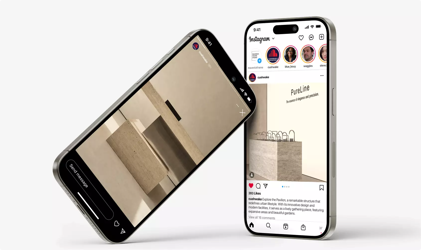 Phone mockup in exhibition booth visualization showing social media posts with booth renderings