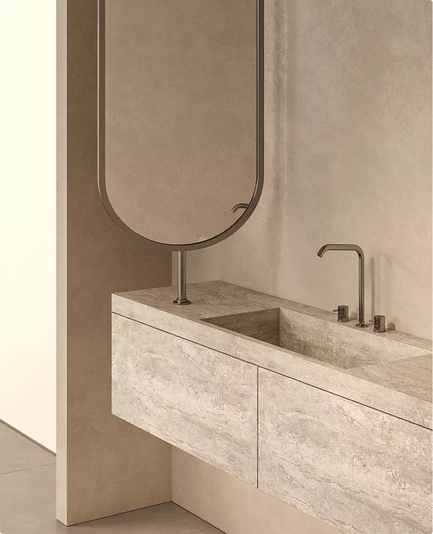 Vanity area in exhibition booth visualization with oval mirror, stone sink and metal faucet