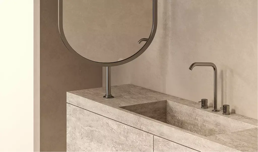 Close vanity view in exhibition booth visualization with stone sink, oval mirror and metal tap