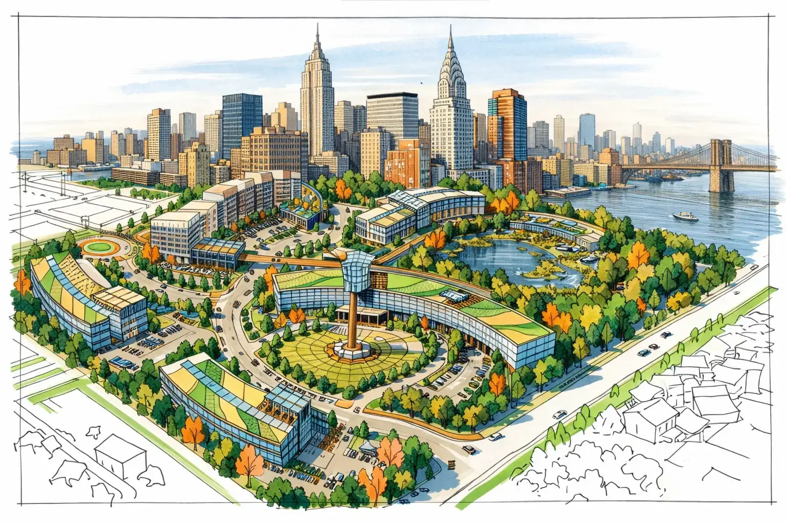 Exterior 3D rendering services showing a New York master plan with parks, roads, buildings, and waterfront