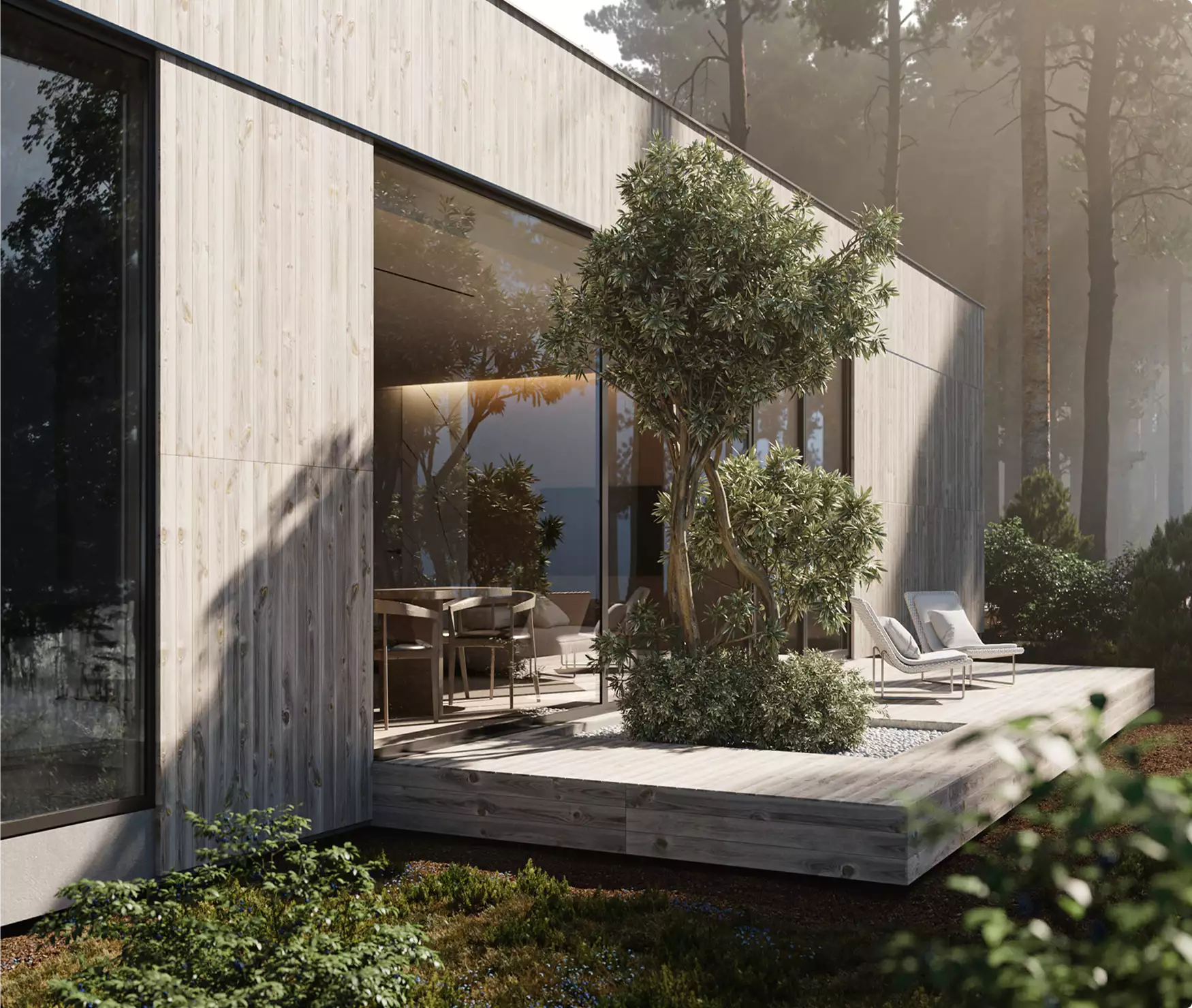 Exterior minimalist house with wood facade, glass wall and terrace lounge chairs in forest setting