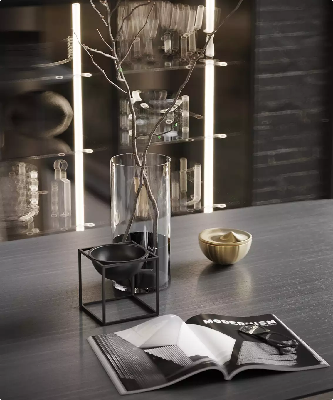 exterior render of modern interior table styling with glass vase branches magazine and decorative objects