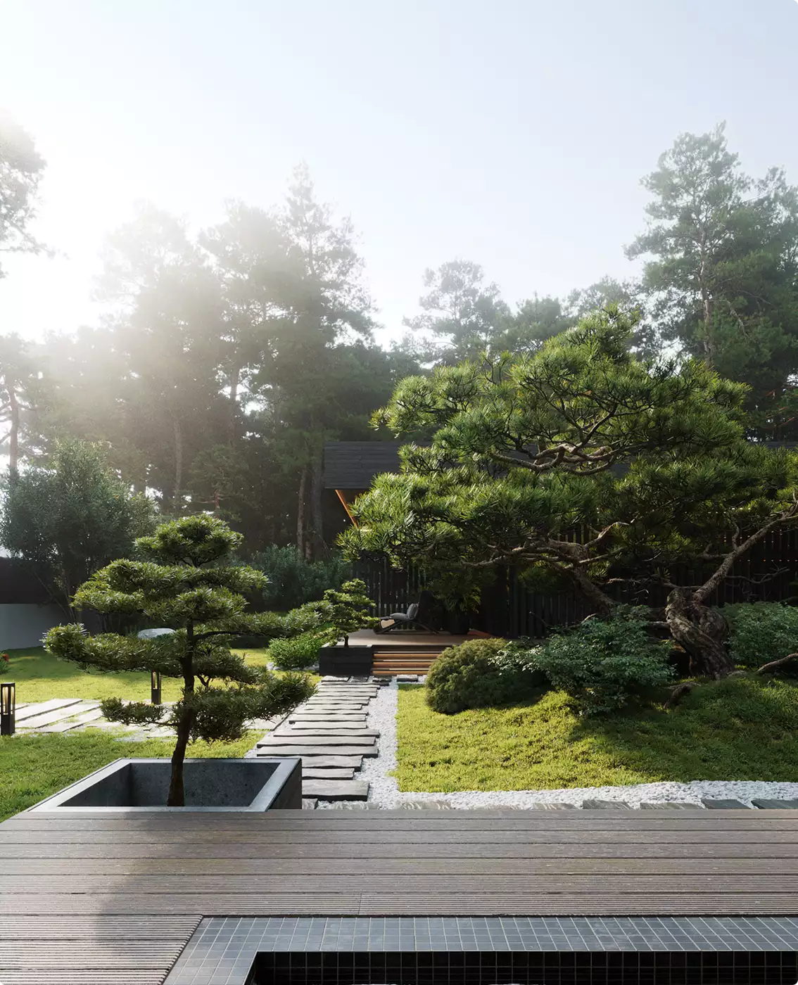 exterior render of modern zen garden with stone path bonsai trees lawn and forest backdrop