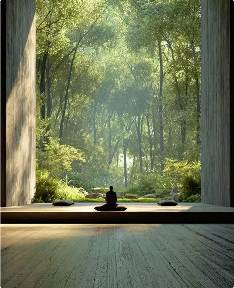 exterior rendering of minimalist meditation space opening to forest view with seated figure and floor cushions