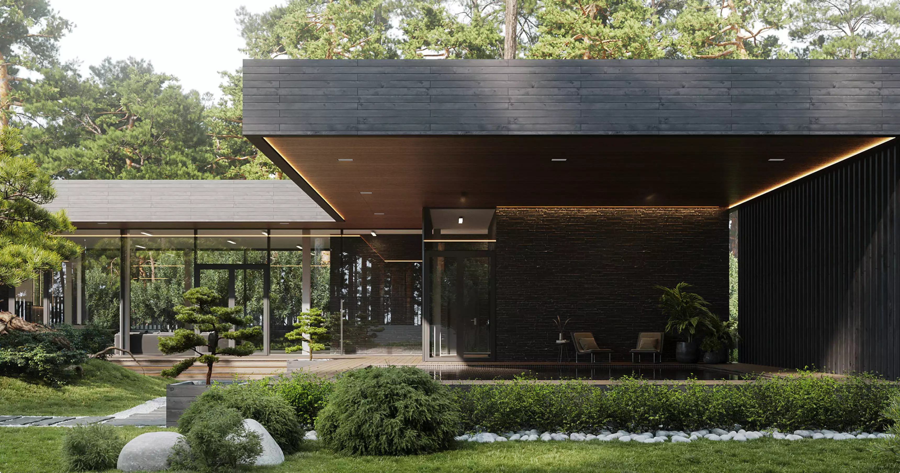 exterior rendering of modern black house with large glass walls landscaped garden and forest backdrop